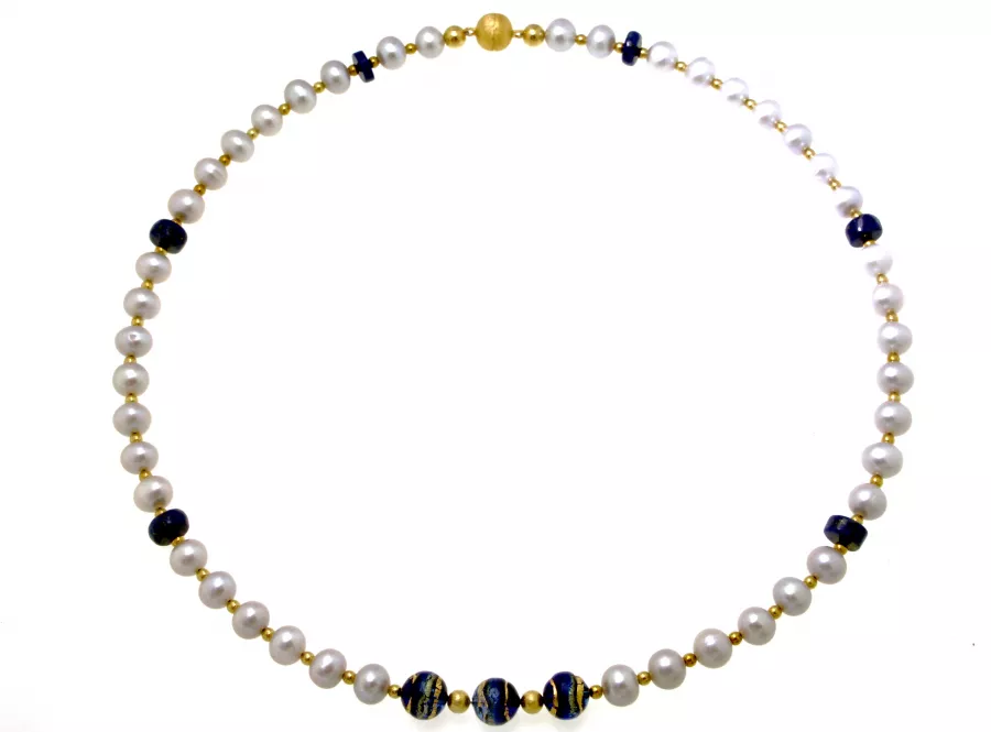 Zuchtperlcollier mit Lapis und Murano
